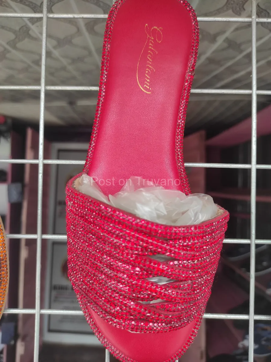 vibrant red crystal-embellished flat slide sandals